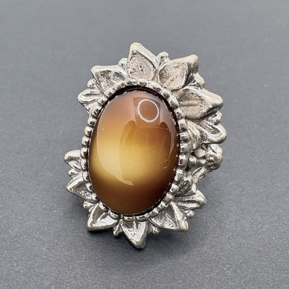 Vintage Cocktail Flower Ring Agate Style Glass Brown Silver Tone Size 7